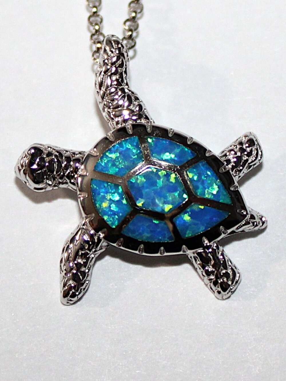 Sterling Silver Faux Opal Turtle Necklace 20 Inches